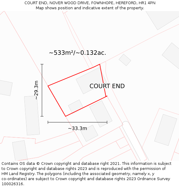 COURT END, NOVER WOOD DRIVE, FOWNHOPE, HEREFORD, HR1 4PN: Plot and title map