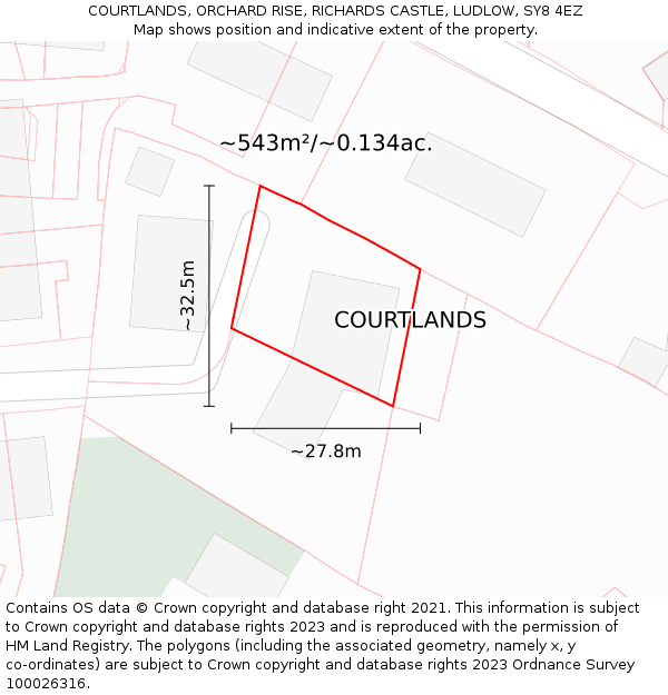COURTLANDS, ORCHARD RISE, RICHARDS CASTLE, LUDLOW, SY8 4EZ: Plot and title map