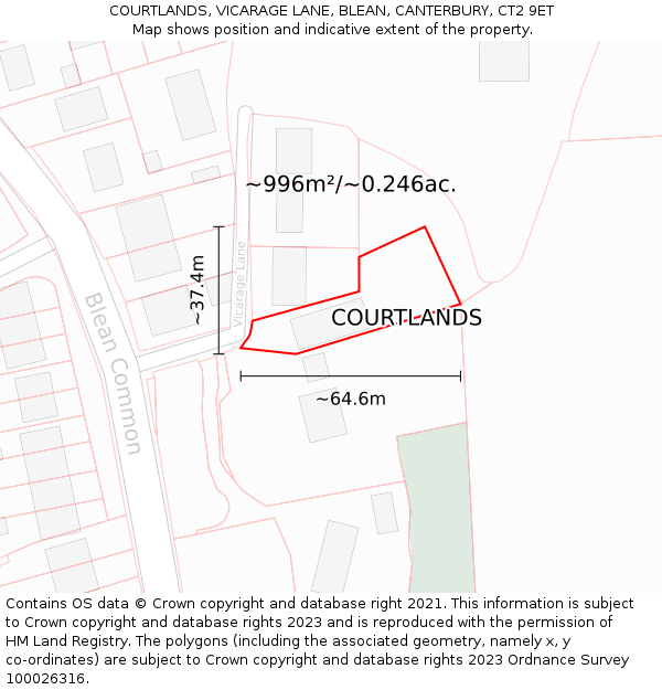 COURTLANDS, VICARAGE LANE, BLEAN, CANTERBURY, CT2 9ET: Plot and title map