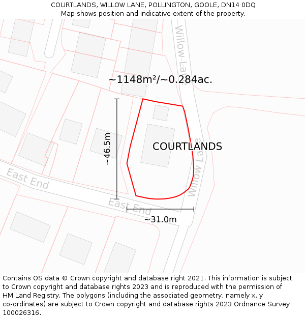 COURTLANDS, WILLOW LANE, POLLINGTON, GOOLE, DN14 0DQ: Plot and title map