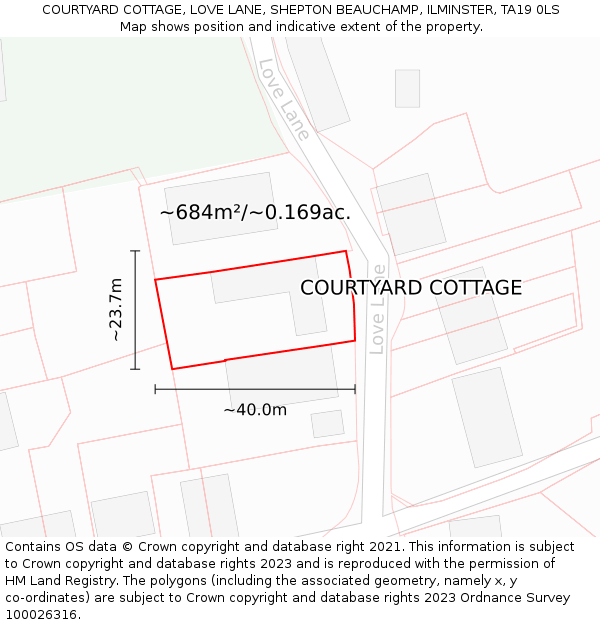 COURTYARD COTTAGE, LOVE LANE, SHEPTON BEAUCHAMP, ILMINSTER, TA19 0LS: Plot and title map