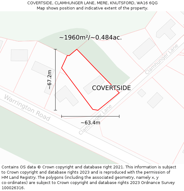 COVERTSIDE, CLAMHUNGER LANE, MERE, KNUTSFORD, WA16 6QG: Plot and title map