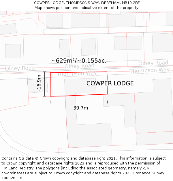COWPER LODGE, THOMPSONS WAY, DEREHAM, NR19 2BF: Plot and title map