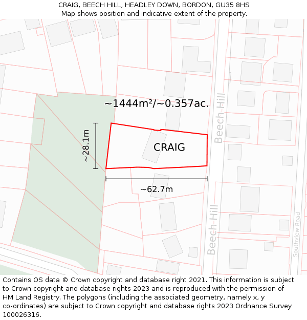 CRAIG, BEECH HILL, HEADLEY DOWN, BORDON, GU35 8HS: Plot and title map