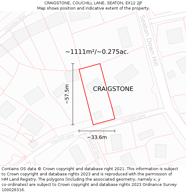 CRAIGSTONE, COUCHILL LANE, SEATON, EX12 2JF: Plot and title map