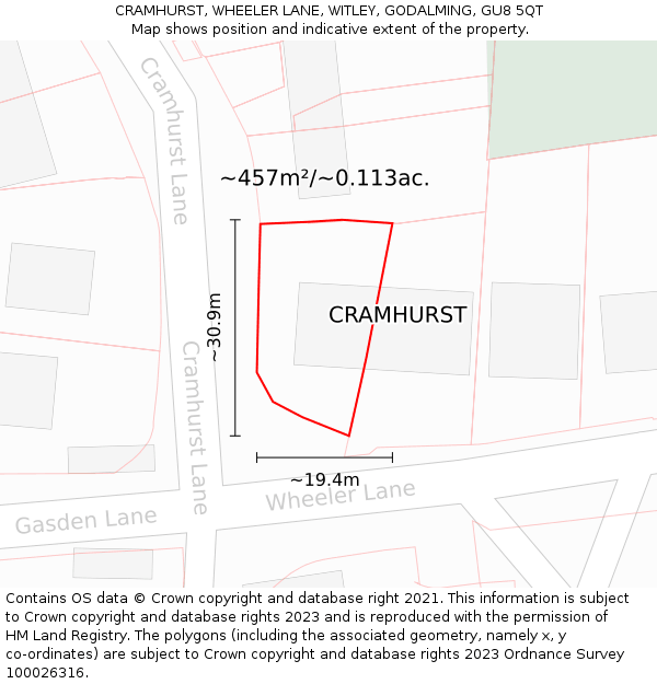CRAMHURST, WHEELER LANE, WITLEY, GODALMING, GU8 5QT: Plot and title map