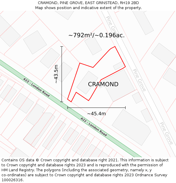 CRAMOND, PINE GROVE, EAST GRINSTEAD, RH19 2BD: Plot and title map