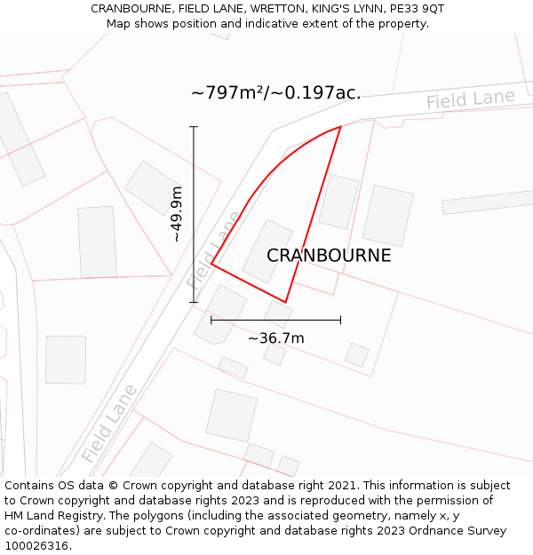 CRANBOURNE, FIELD LANE, WRETTON, KING'S LYNN, PE33 9QT: Plot and title map