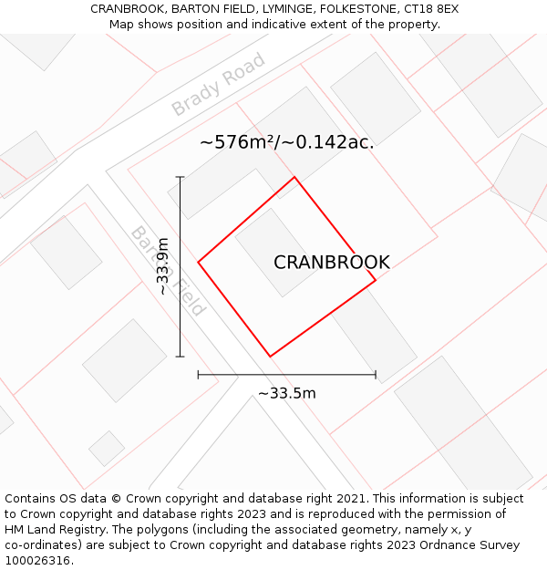 CRANBROOK, BARTON FIELD, LYMINGE, FOLKESTONE, CT18 8EX: Plot and title map