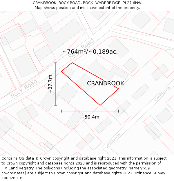 CRANBROOK, ROCK ROAD, ROCK, WADEBRIDGE, PL27 6NW: Plot and title map