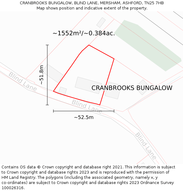 CRANBROOKS BUNGALOW, BLIND LANE, MERSHAM, ASHFORD, TN25 7HB: Plot and title map