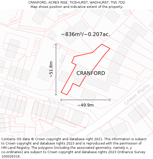 CRANFORD, ACRES RISE, TICEHURST, WADHURST, TN5 7DD: Plot and title map