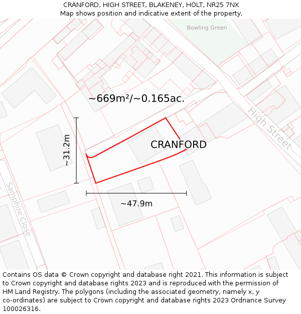 CRANFORD, HIGH STREET, BLAKENEY, HOLT, NR25 7NX: Plot and title map