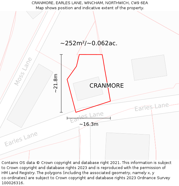 CRANMORE, EARLES LANE, WINCHAM, NORTHWICH, CW9 6EA: Plot and title map