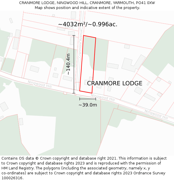 CRANMORE LODGE, NINGWOOD HILL, CRANMORE, YARMOUTH, PO41 0XW: Plot and title map
