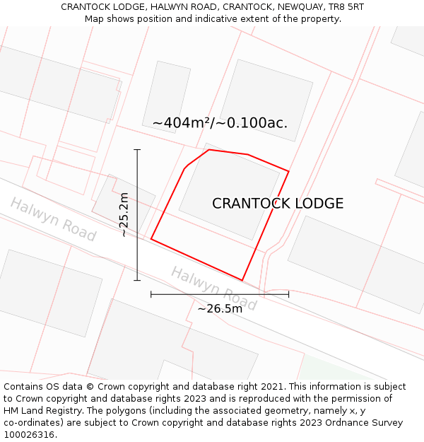 CRANTOCK LODGE, HALWYN ROAD, CRANTOCK, NEWQUAY, TR8 5RT: Plot and title map