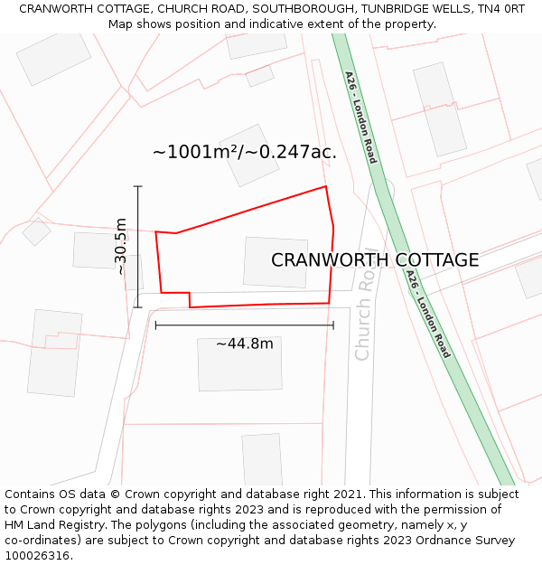 CRANWORTH COTTAGE, CHURCH ROAD, SOUTHBOROUGH, TUNBRIDGE WELLS, TN4 0RT: Plot and title map
