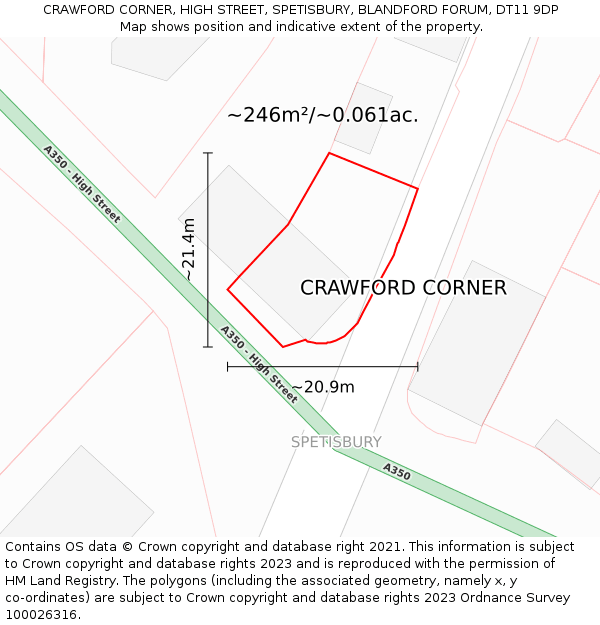 CRAWFORD CORNER, HIGH STREET, SPETISBURY, BLANDFORD FORUM, DT11 9DP: Plot and title map