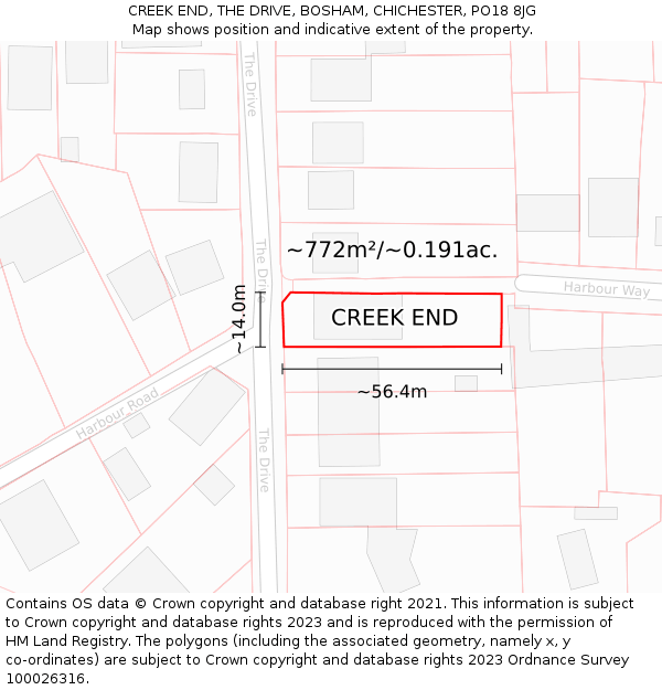 CREEK END, THE DRIVE, BOSHAM, CHICHESTER, PO18 8JG: Plot and title map