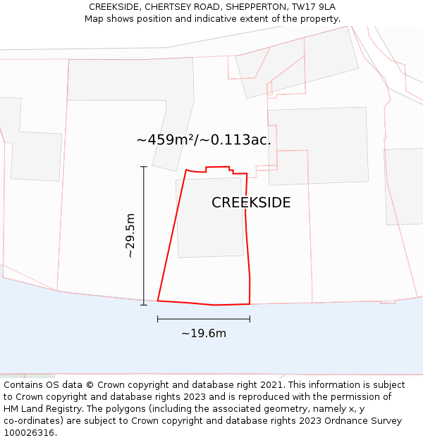 CREEKSIDE, CHERTSEY ROAD, SHEPPERTON, TW17 9LA: Plot and title map