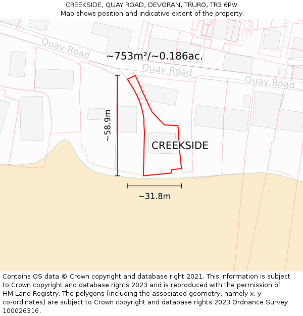 CREEKSIDE, QUAY ROAD, DEVORAN, TRURO, TR3 6PW: Plot and title map