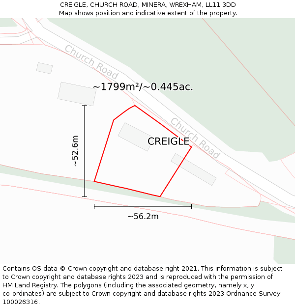 CREIGLE, CHURCH ROAD, MINERA, WREXHAM, LL11 3DD: Plot and title map