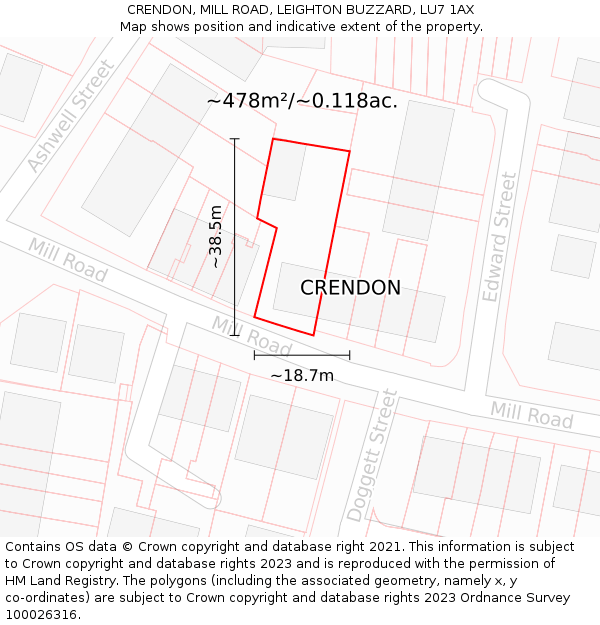 CRENDON, MILL ROAD, LEIGHTON BUZZARD, LU7 1AX: Plot and title map
