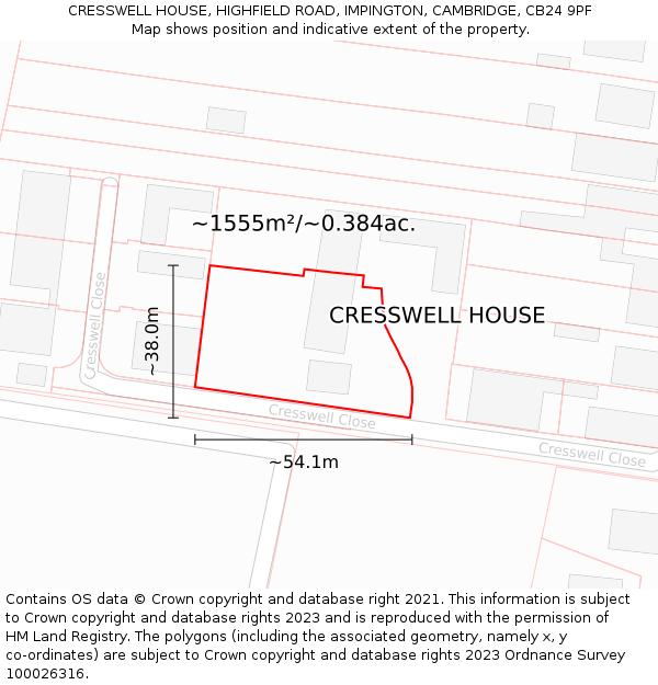 CRESSWELL HOUSE, HIGHFIELD ROAD, IMPINGTON, CAMBRIDGE, CB24 9PF: Plot and title map