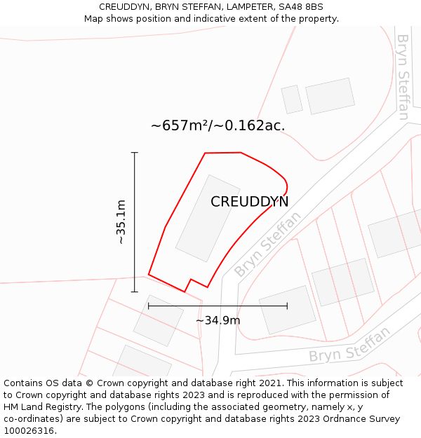 CREUDDYN, BRYN STEFFAN, LAMPETER, SA48 8BS: Plot and title map