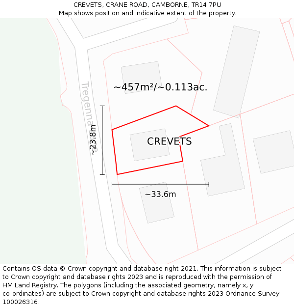 CREVETS, CRANE ROAD, CAMBORNE, TR14 7PU: Plot and title map