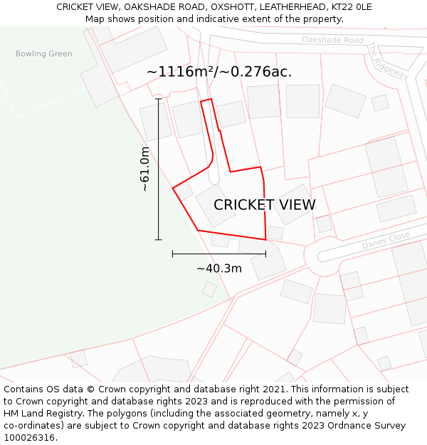 CRICKET VIEW, OAKSHADE ROAD, OXSHOTT, LEATHERHEAD, KT22 0LE: Plot and title map