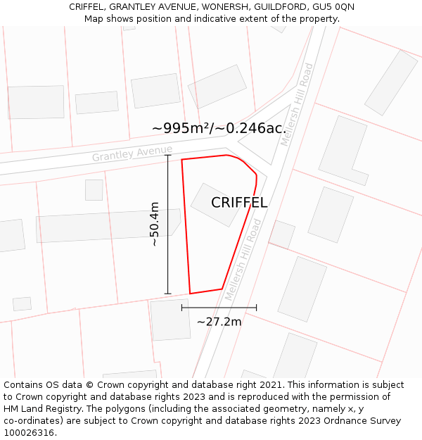 CRIFFEL, GRANTLEY AVENUE, WONERSH, GUILDFORD, GU5 0QN: Plot and title map