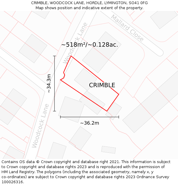 CRIMBLE, WOODCOCK LANE, HORDLE, LYMINGTON, SO41 0FG: Plot and title map