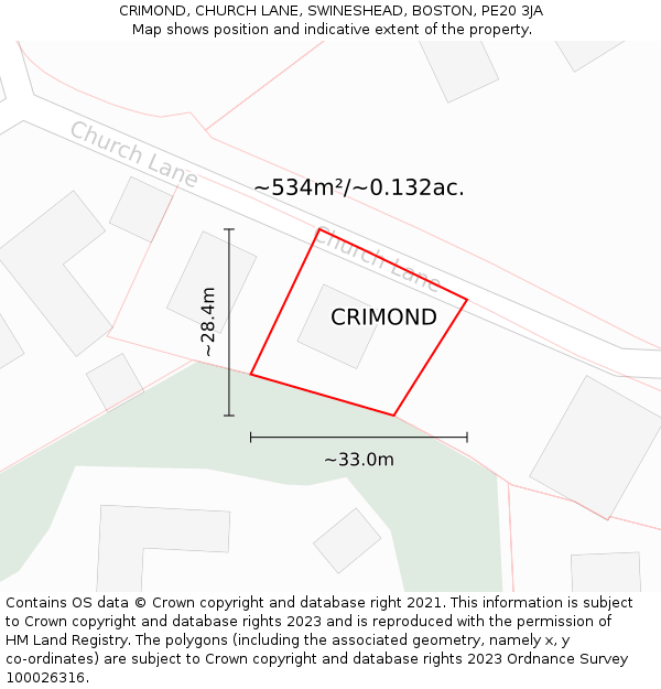 CRIMOND, CHURCH LANE, SWINESHEAD, BOSTON, PE20 3JA: Plot and title map