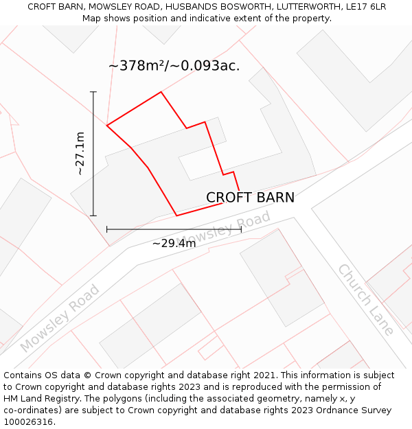 CROFT BARN, MOWSLEY ROAD, HUSBANDS BOSWORTH, LUTTERWORTH, LE17 6LR: Plot and title map