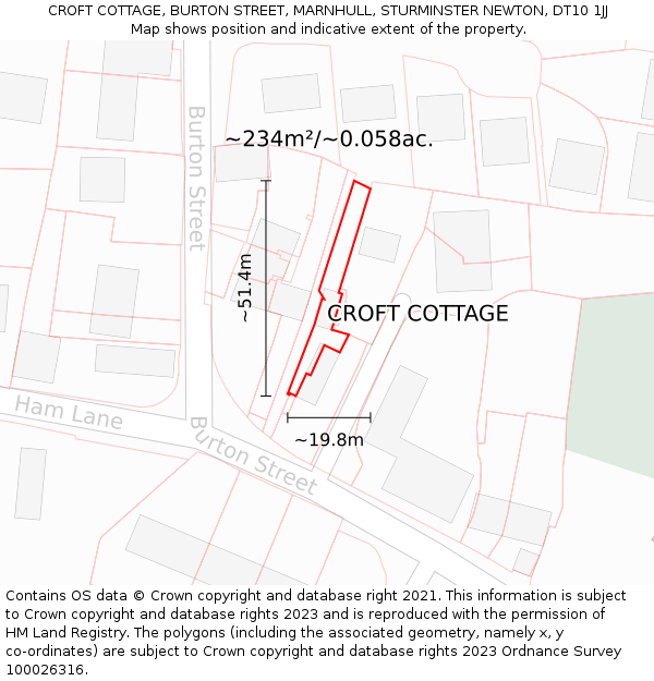 CROFT COTTAGE, BURTON STREET, MARNHULL, STURMINSTER NEWTON, DT10 1JJ: Plot and title map