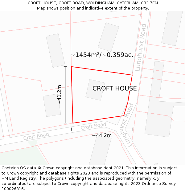 CROFT HOUSE, CROFT ROAD, WOLDINGHAM, CATERHAM, CR3 7EN: Plot and title map