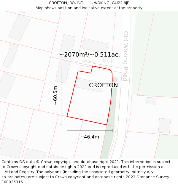 CROFTON, ROUNDHILL, WOKING, GU22 8JB: Plot and title map