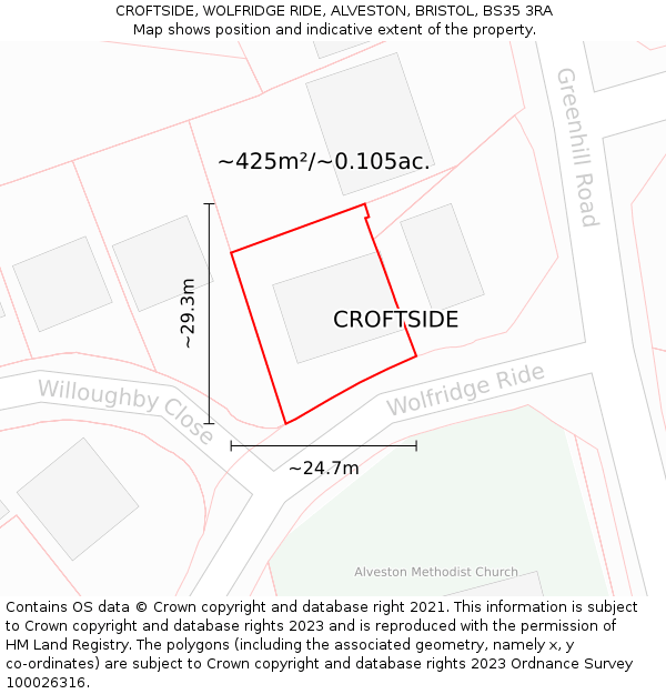 CROFTSIDE, WOLFRIDGE RIDE, ALVESTON, BRISTOL, BS35 3RA: Plot and title map