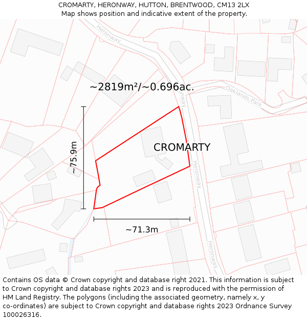 CROMARTY, HERONWAY, HUTTON, BRENTWOOD, CM13 2LX: Plot and title map