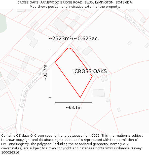 CROSS OAKS, ARNEWOOD BRIDGE ROAD, SWAY, LYMINGTON, SO41 6DA: Plot and title map