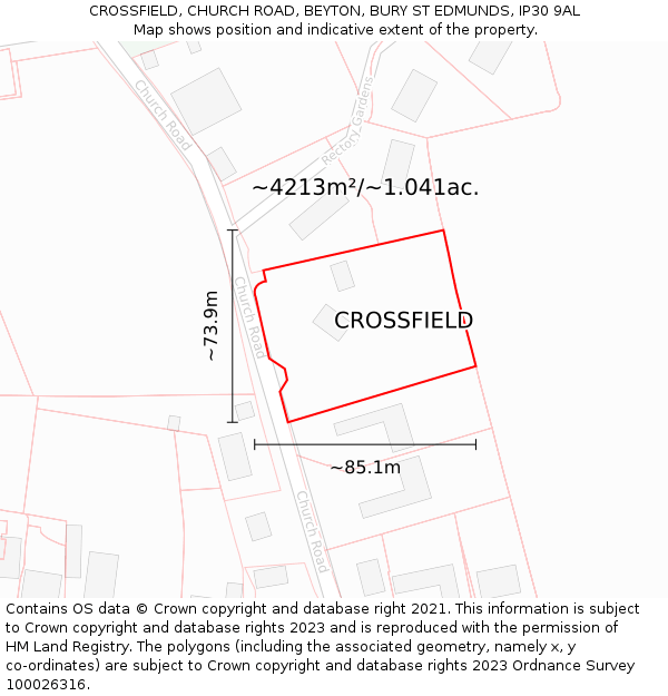 CROSSFIELD, CHURCH ROAD, BEYTON, BURY ST EDMUNDS, IP30 9AL: Plot and title map