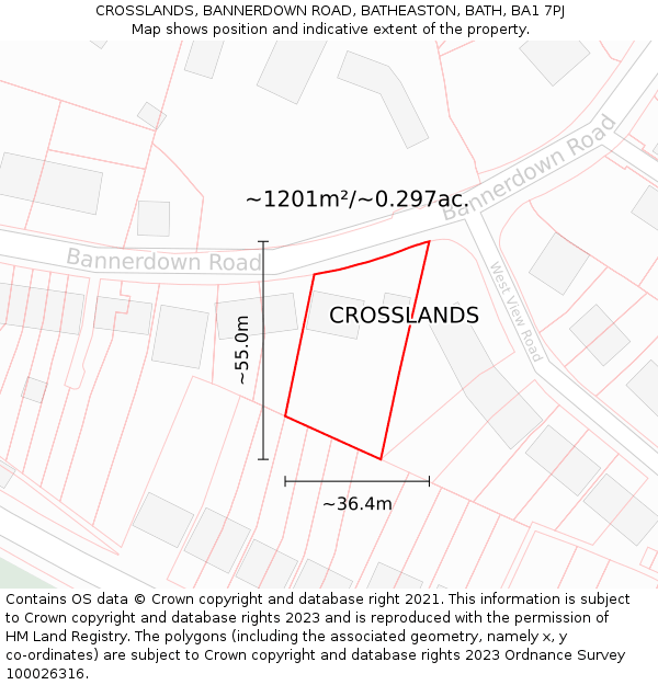CROSSLANDS, BANNERDOWN ROAD, BATHEASTON, BATH, BA1 7PJ: Plot and title map