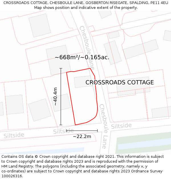 CROSSROADS COTTAGE, CHESBOULE LANE, GOSBERTON RISEGATE, SPALDING, PE11 4EU: Plot and title map