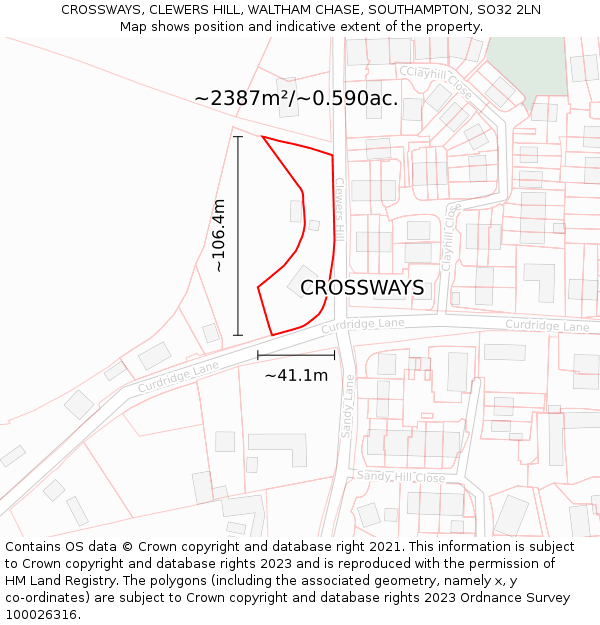 CROSSWAYS, CLEWERS HILL, WALTHAM CHASE, SOUTHAMPTON, SO32 2LN: Plot and title map
