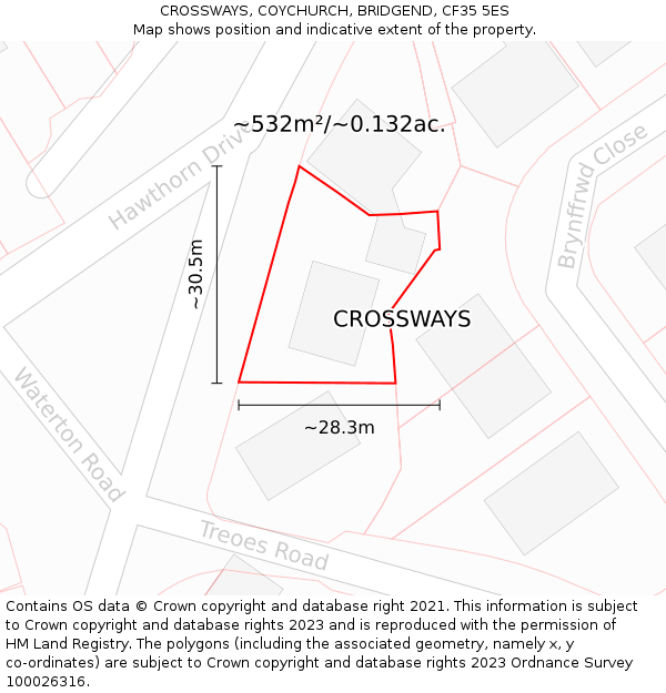 CROSSWAYS, COYCHURCH, BRIDGEND, CF35 5ES: Plot and title map