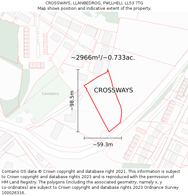 CROSSWAYS, LLANBEDROG, PWLLHELI, LL53 7TG: Plot and title map