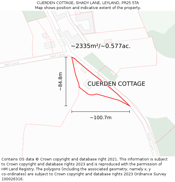 CUERDEN COTTAGE, SHADY LANE, LEYLAND, PR25 5TA: Plot and title map