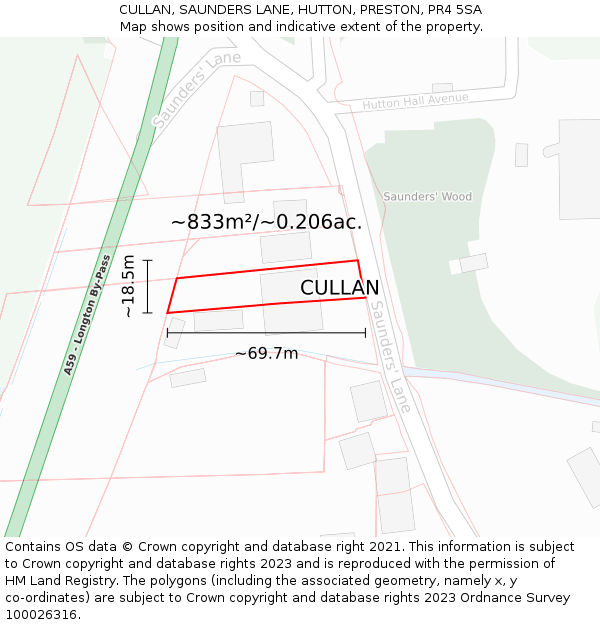 CULLAN, SAUNDERS LANE, HUTTON, PRESTON, PR4 5SA: Plot and title map