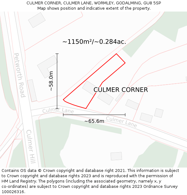 CULMER CORNER, CULMER LANE, WORMLEY, GODALMING, GU8 5SP: Plot and title map